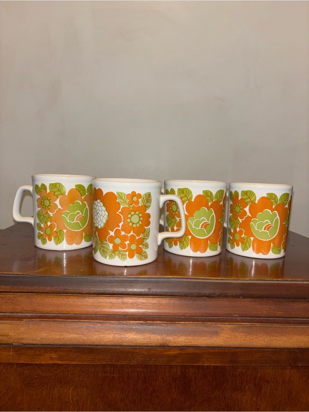 1970s Retro Floral Orange & Green Ceramic Mugs - Set of 4